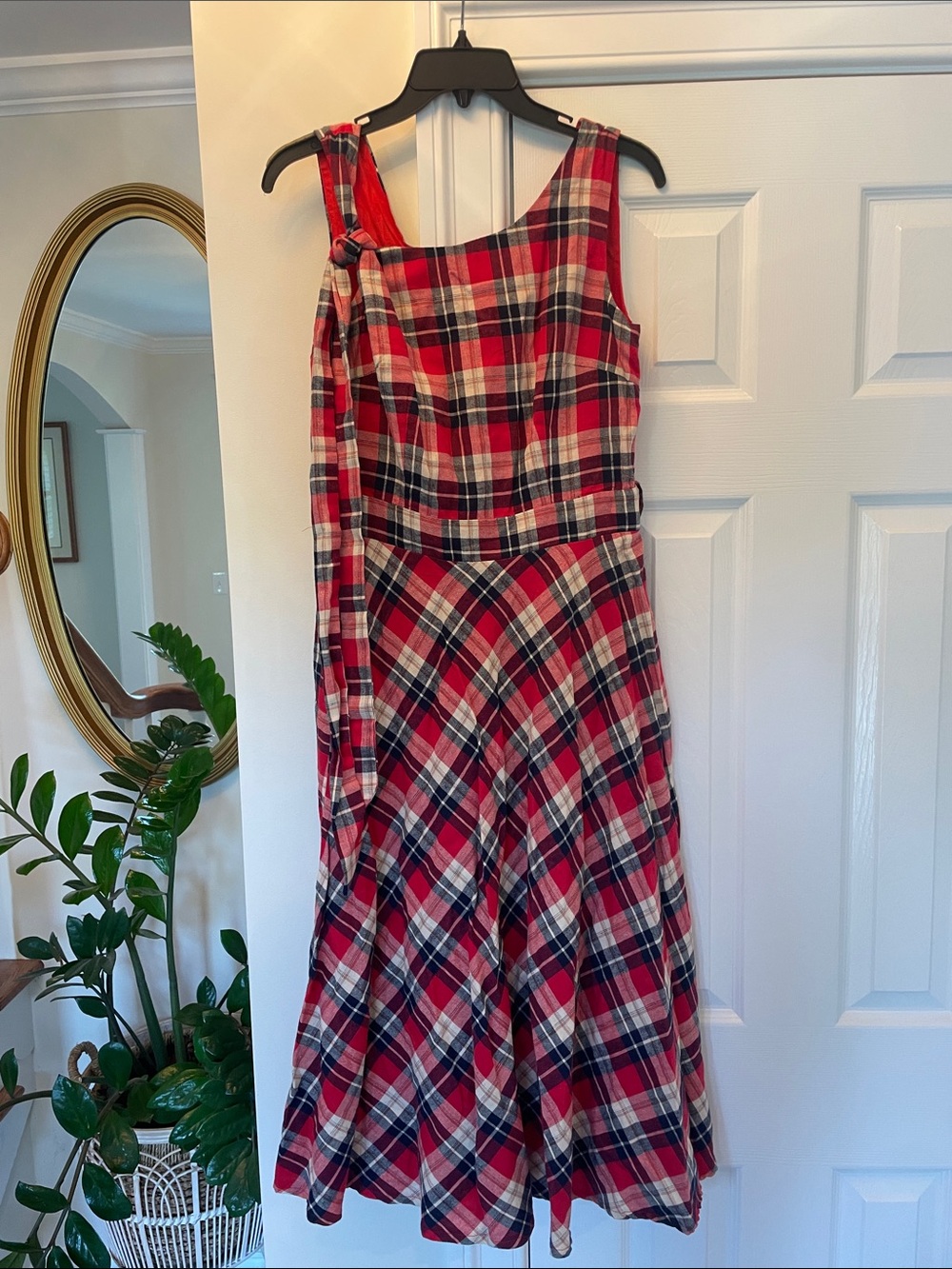 Red Plaid Midi Dress with Tie-Shoulder Detail